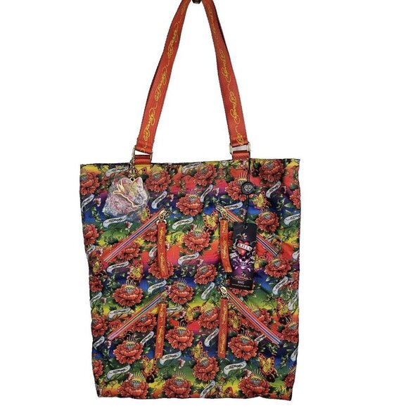 Ed Hardy Handbags - NWT Ed Hardy Orange Nylon Tote bag With Butterfly Charm And Zipper Accents
